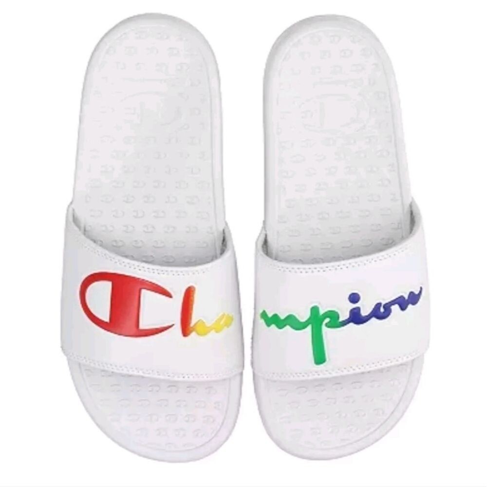 NEW Women's Champion Rainbow Logo Super Split Script Slides White Size‎ 7